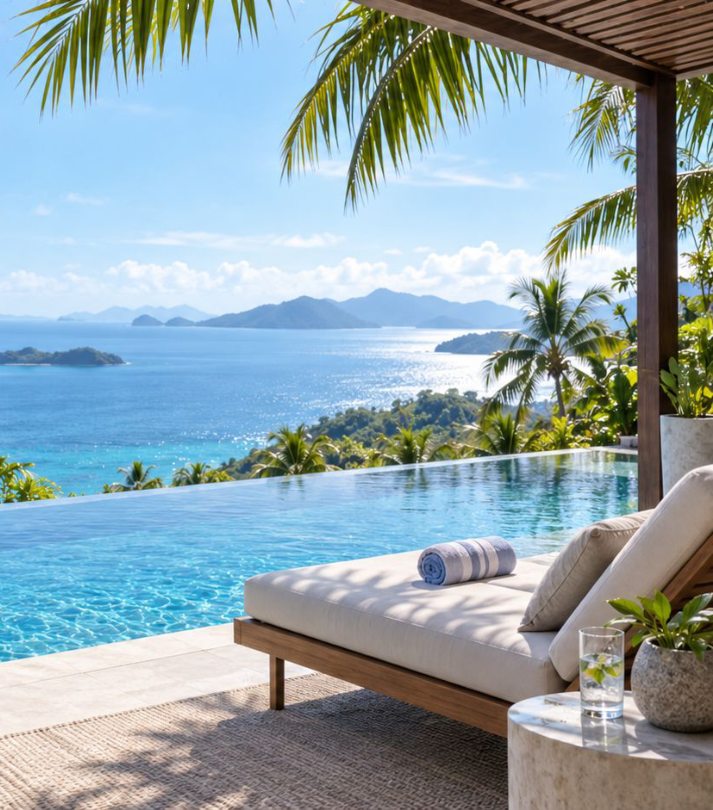 A peaceful pool overlooking a blue coastline